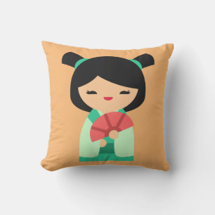 Pink peach and aqua Kokeshi Japanese dolls Throw Pillow