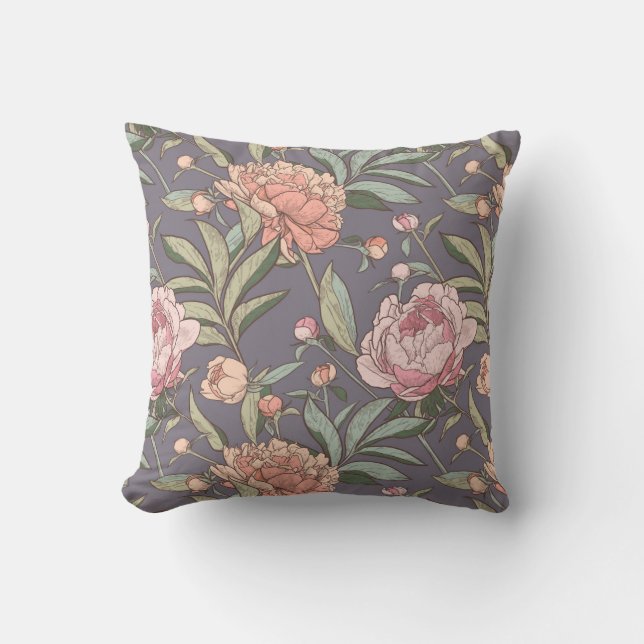 Pink, peach and grey floral pattern throw pillow (Front)