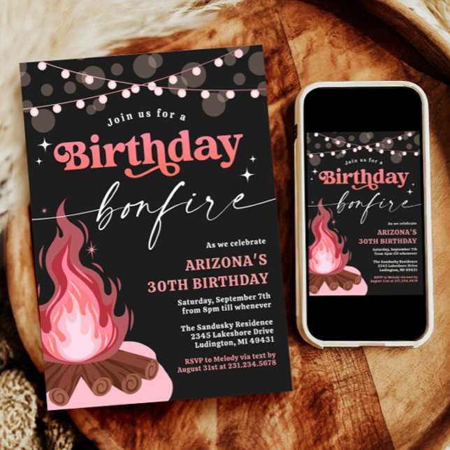 Pink + Peach Anniversaire Bonfire Invitation (Pink + Peach Birthday Bonfire Invitation)