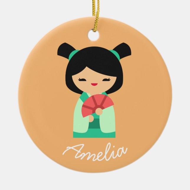 Pink peach aqua Kokeshi Japanese dolls Ceramic Ornament (Front)