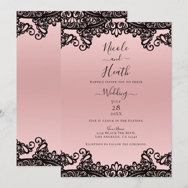 Pink Peach Black Ink Lace Elegant Wedding   Invitation (Front/Back)