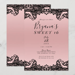 Pink Peach Black Ink Lace Sweet 16 Party Invitation
