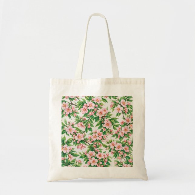 Pink Peach Blossom Botanical Floral Pattern Tote Bag (Front)