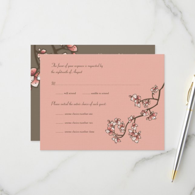 Pink Peach Blossoms Chinese Wedding RSVP Card (Front/Back In Situ)