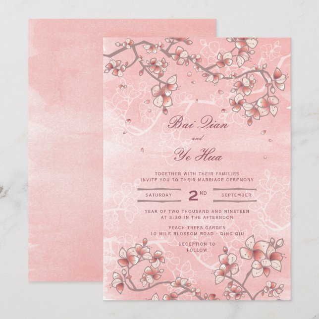 Pink Peach Blossoms Romantic Florals Asian Wedding Invitation (Front/Back)