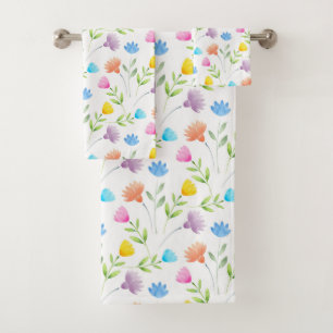 Pink Peach Blue Yellow Plum Floral Pattern Bath Towel Set