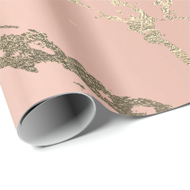 Pink Peach Blush Pastel Gold Marble Shiny Abstract Wrapping Paper (Roll Corner)