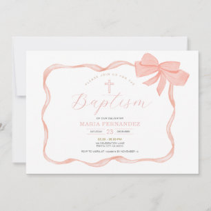 Pink Peach Bow Christening Invitation
