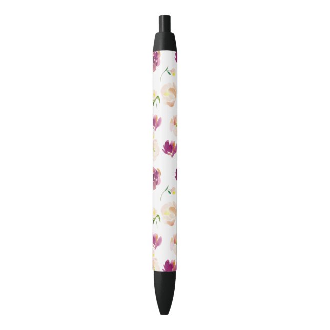 Pink Peach Burgundy Watercolor Floral Black Ink Pen (Front Vertical)