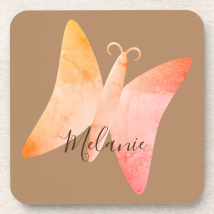 Pink Peach Butterfly Personalized Beverage Coaste Coaster