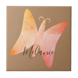 Pink Peach Butterfly Personalized Name Tile