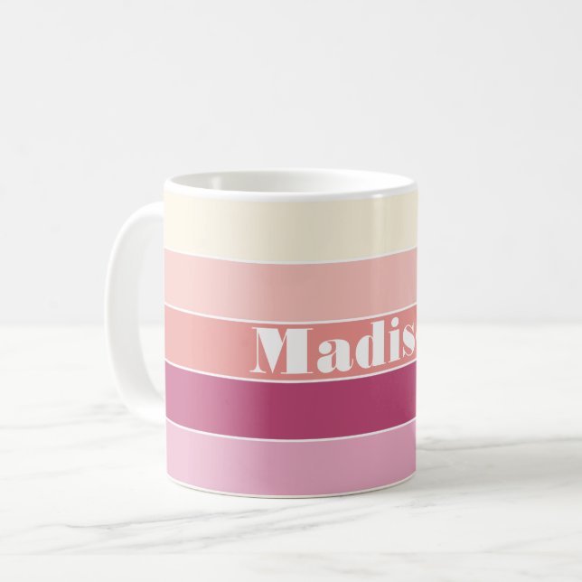 Pink Peach Custom Summer Colour Block Stripes Coffee Mug (Front Left)