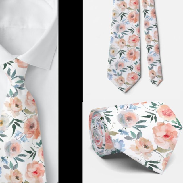 Pink Peach Dusty Light Blue Roses Floral Neck Tie (Creator Uploaded)