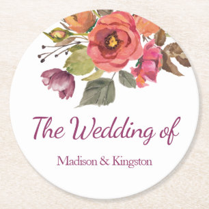 Pink Peach Fall Elegant Floral Wedding Round Paper Coaster