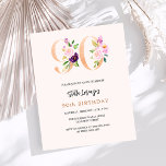 Pink peach floral 90th birthday budget invitation<br><div class="desc">A modern,  stylish and glamourous invitation for a 90th birthday party.  A peach coloured background.  Decorated with foral numbers in faux gold and pink.  The name is written with a modern hand lettered style script.  Personalize and add your party details. 

1 sheet = 1 invitation printed edge to edge.</div>