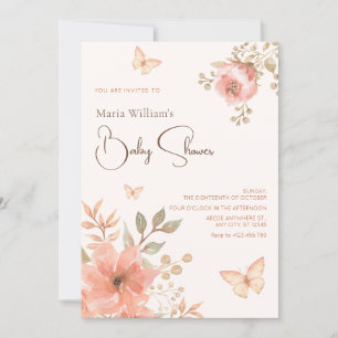Pink peach floral baby shower invitation