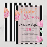 Pink peach floral black white stripe bridal shower