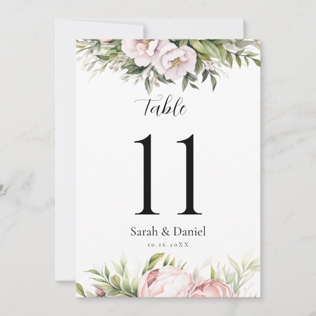 Pink Peach Floral Elegant Wedding Table Numbers (Front)