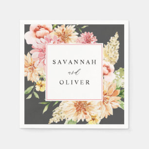 Pink & Peach Floral & Greenery Name - Grey Napkin