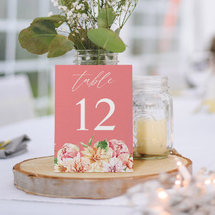 Pink & Peach Floral & Greenery Table Number - Pink