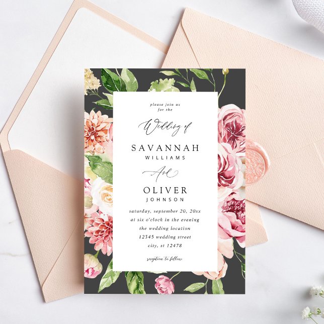 Pink & Peach Floral & Greenery Wedding - Grey V2 Invitation (Creator Uploaded)