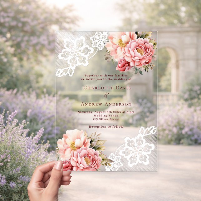 Pink peach floral lace wedding acrylic invitations (Creator Uploaded)