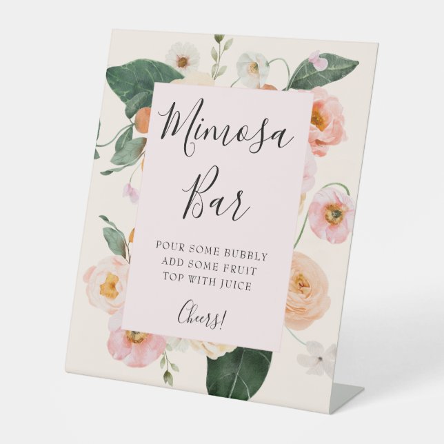 Pink Peach Floral Mimosa Bar Bridal Shower  Pedestal Sign (Front)