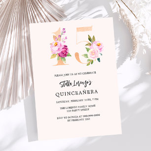 Pink peach floral numbers gold Quinceanera Invitation