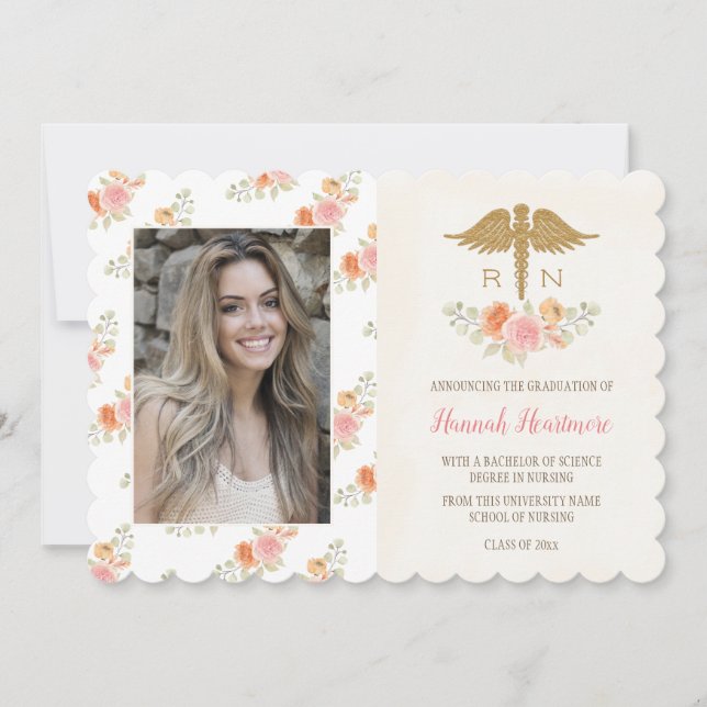 Pink Peach Floral Nursing School Grad Announcement (Front)