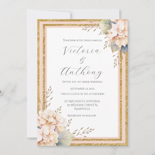 Pink Peach Floral Peony Gold  Modern Wedding  Invitation (Front)