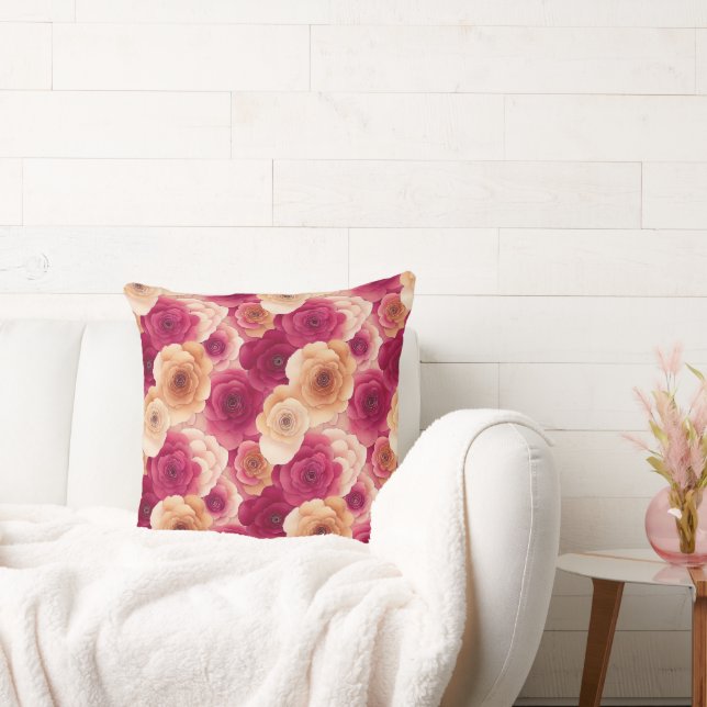 Pink Peach Floral Throw Pillow (Couch)