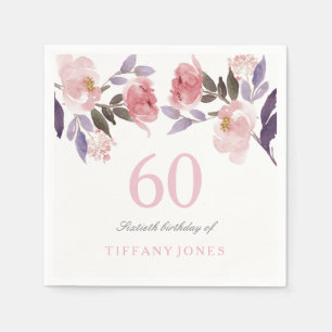 Pink Peach Floral Watercolor 60th Birthday Napkin