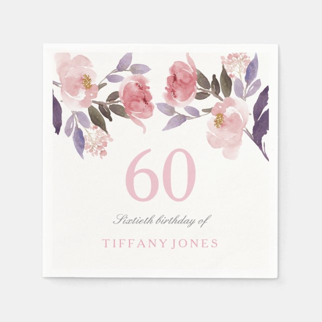 Pink Peach Floral Watercolor 60th Birthday Napkin (Front)