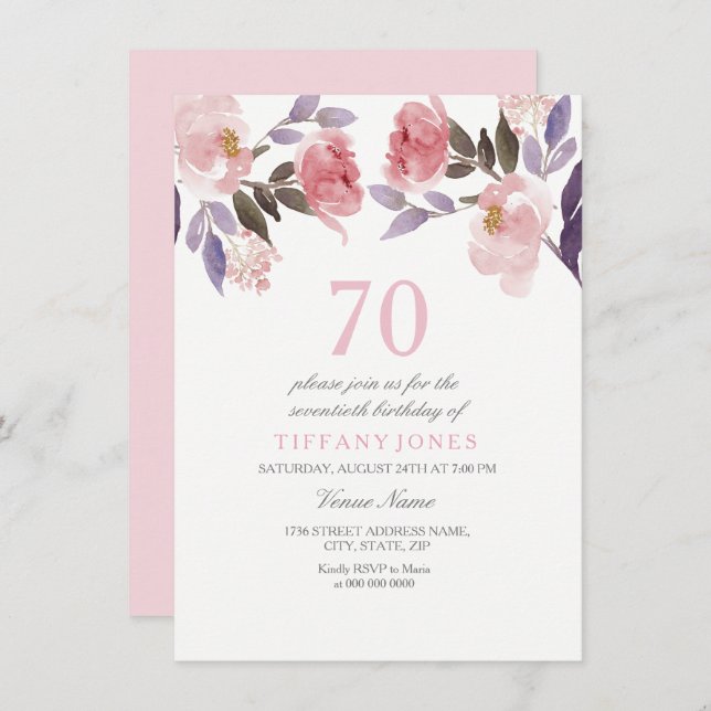 Pink Peach Floral Watercolor 70th Birthday Invite (Front/Back)