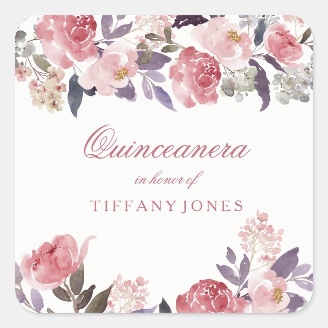 Pink Peach Floral Watercolor Quinceanera Party Square Sticker (Front)