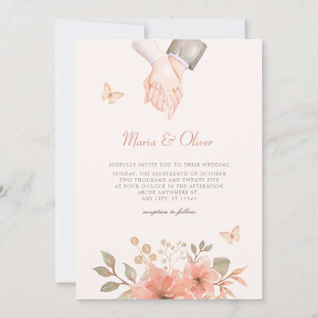 Pink peach floral wedding invitation (Back)