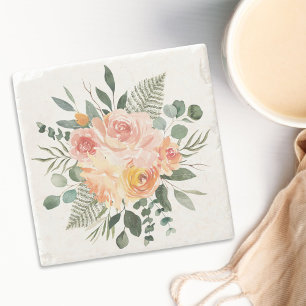 Pink Peach Flower Eucalyptus Leaves Floral Stone Coaster