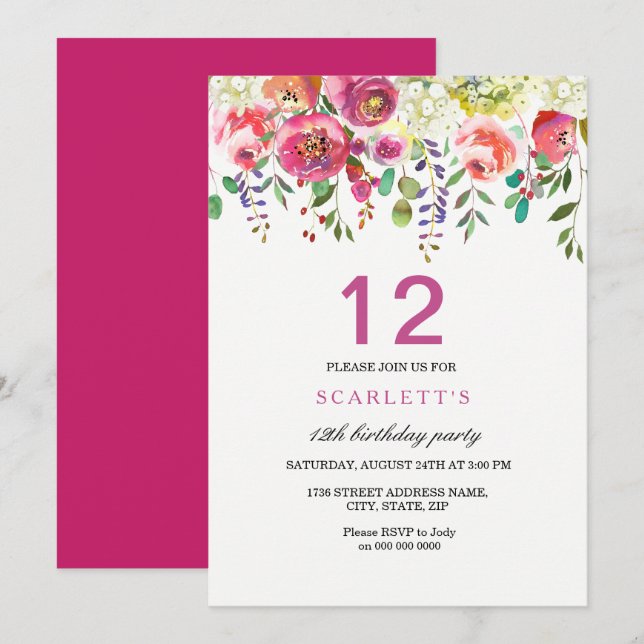 Pink Peach Flowers 12th Birthday Party Invitation (Front/Back)