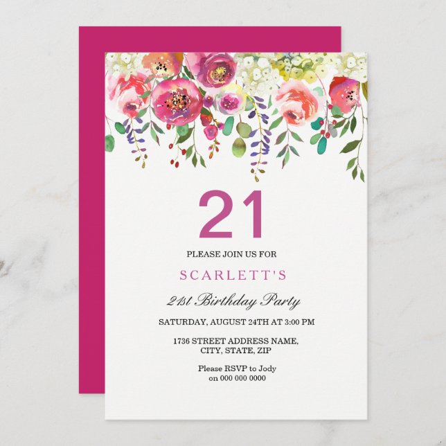 Pink Peach Flowers 21st Birthday Party Invitation (Front/Back)