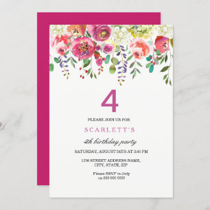 Pink Peach Flowers 4th Birthday Party Invitation