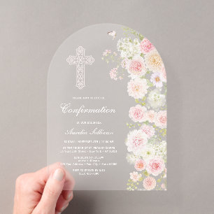 Pink Peach Flowers Arch Confirmation Acrylic Invitations