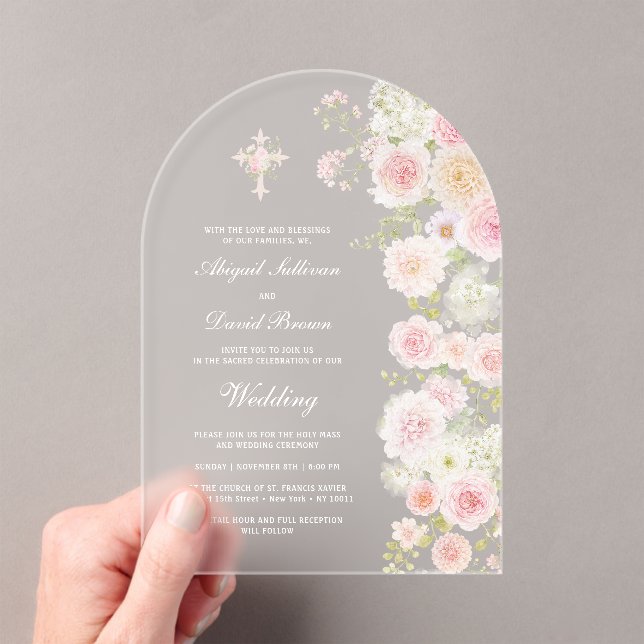 Pink Peach Flowers Arch Religious Wedding Acrylic Invitations (Insitu (Handheld))