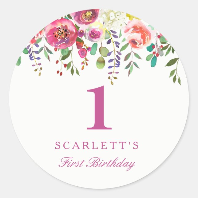 Pink Peach Flowers Girl 1st Birthday Favour Seal (Front)