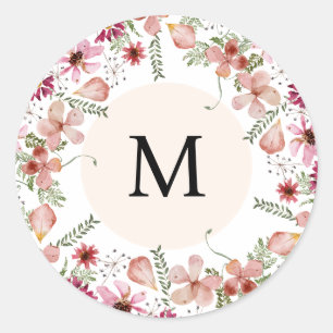 Pink Peach Flowers Monogram Round Envelope Seal