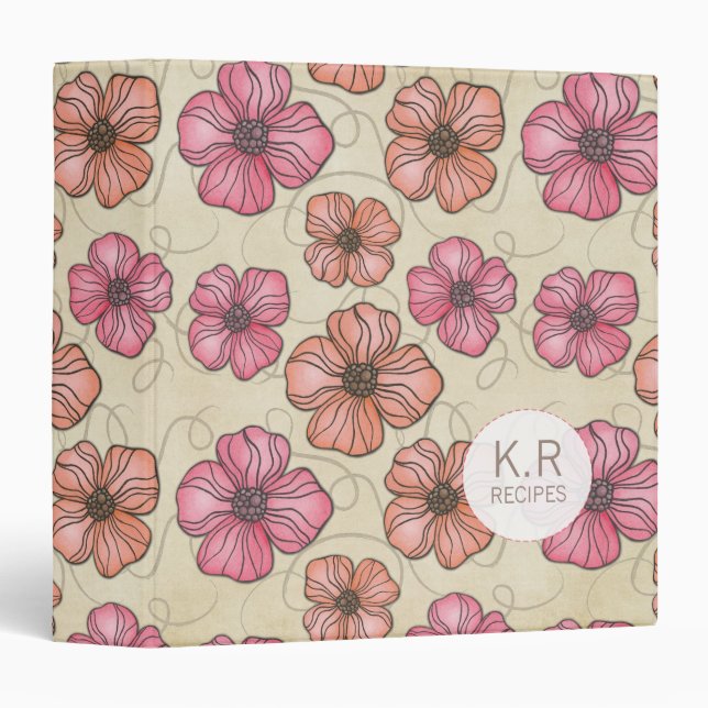 Pink & Peach Flowers Pattern Recipe Binder (Front/Spine)