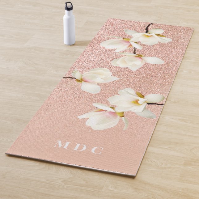 Pink peach girly glitter magnolia floral initials yoga mat (In Situ)