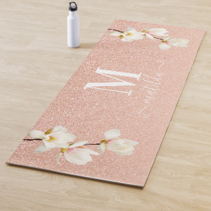 Pink peach girly glitter magnolia floral yoga mat