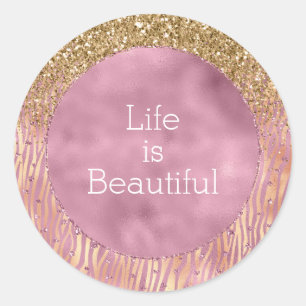 Pink Peach Glitzy Gold Glitter Sparkle Zebra Print Classic Round Sticker