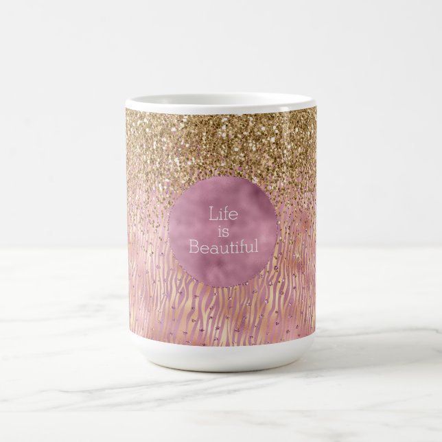 Pink Peach Glitzy Gold Glitter Sparkle Zebra Print Coffee Mug (Center)