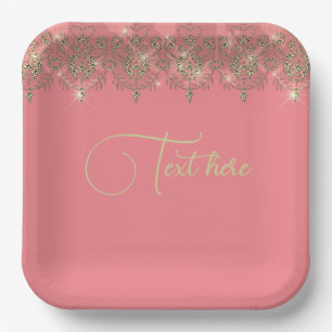Pink peach gold lace elegant sparkle  paper plate